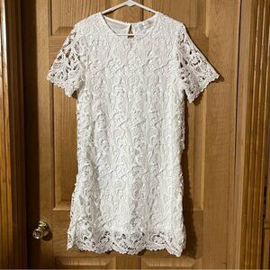 Gray + Bleu White Lace Sheath Mini Dress with Crew Neck and Short Sleeves Large